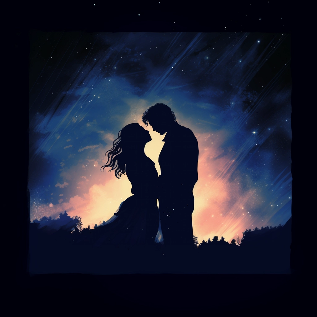 Shadow of a man and woman hugging a night sky styliz