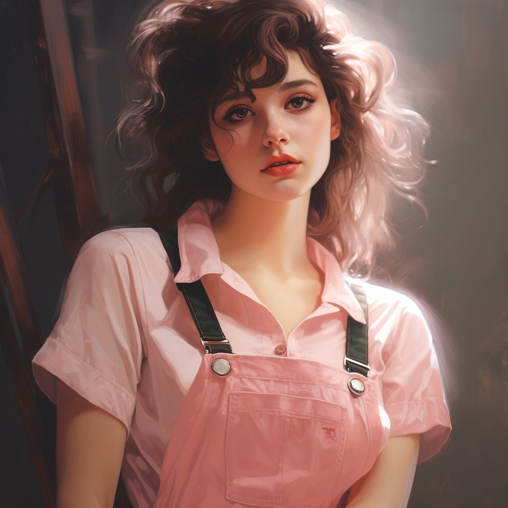 Anime girl dressed in pink overalls in the style of