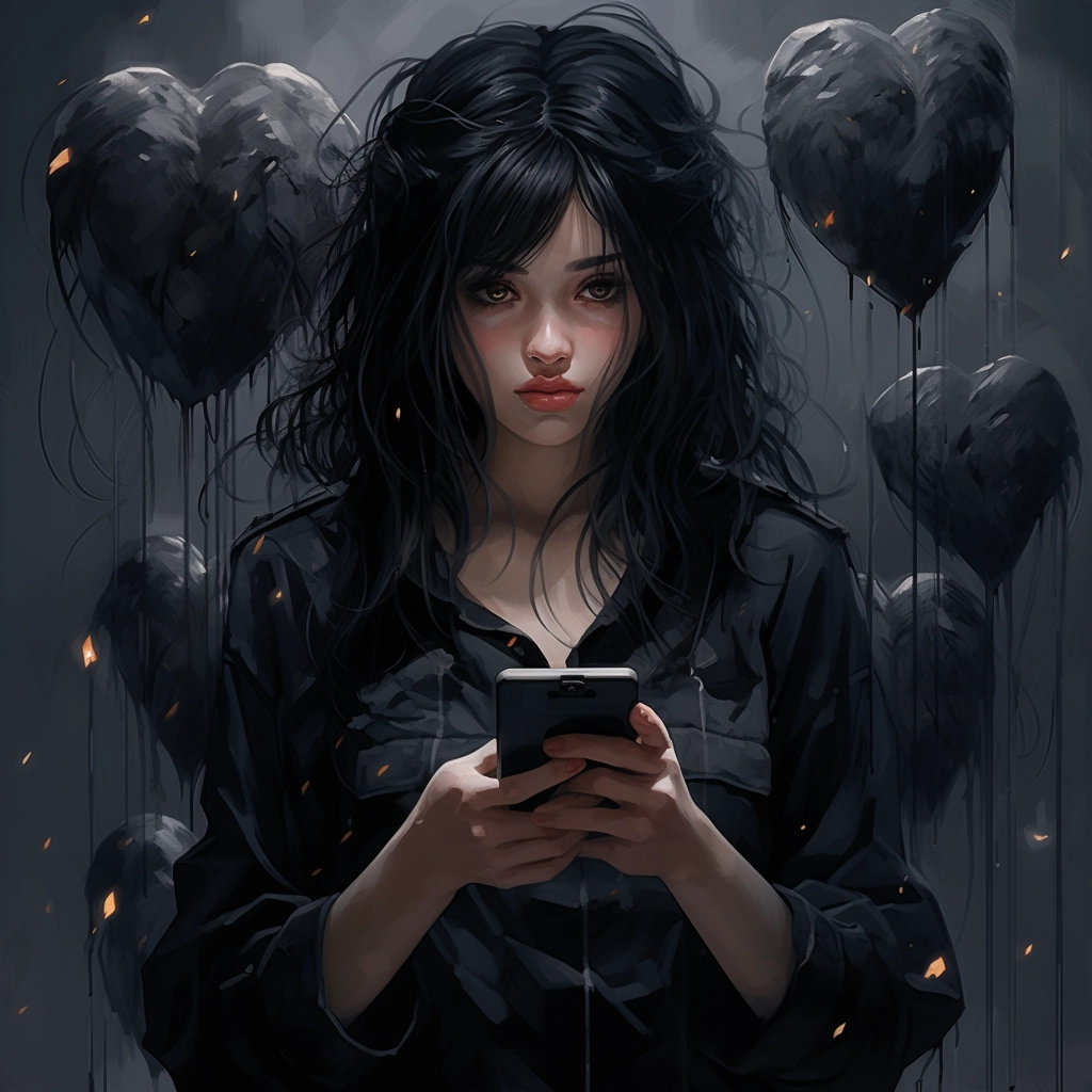 A girl holding a phone with hearts in it in the styl