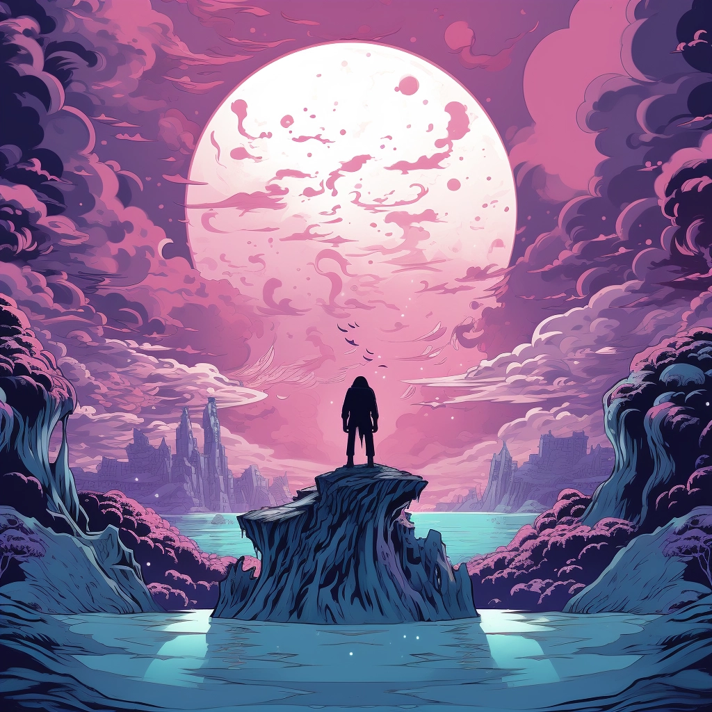 The sky is full of moon and a man is standing on a p