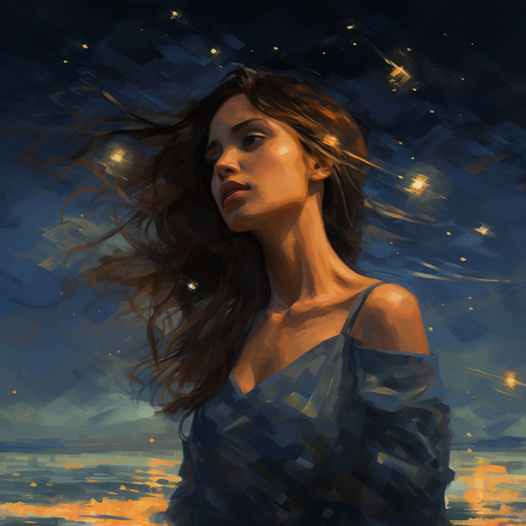 A girl standing in the night with starry sky in the