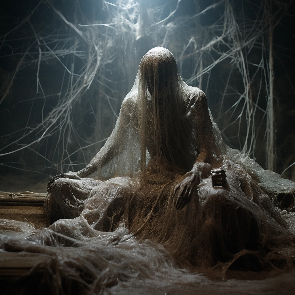 A fake statue of christ dressed in some spider webs