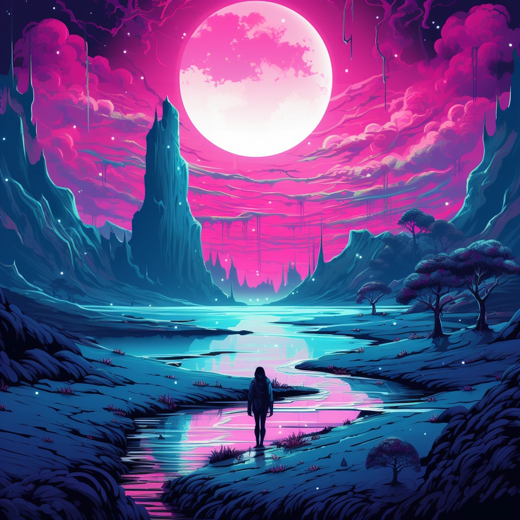 A fantasy painting depicting a scene with a moon and