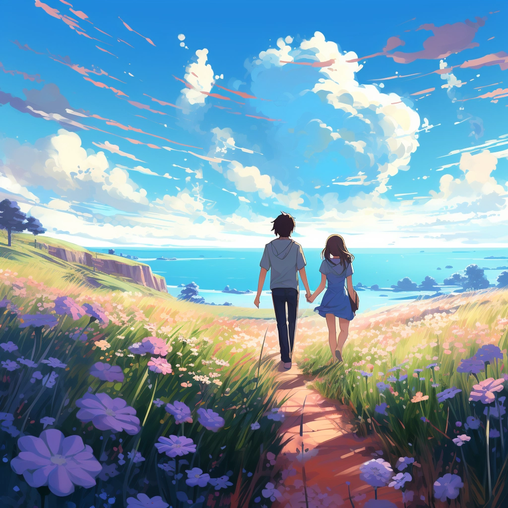 Manga couple walking along the path next to a bloomi