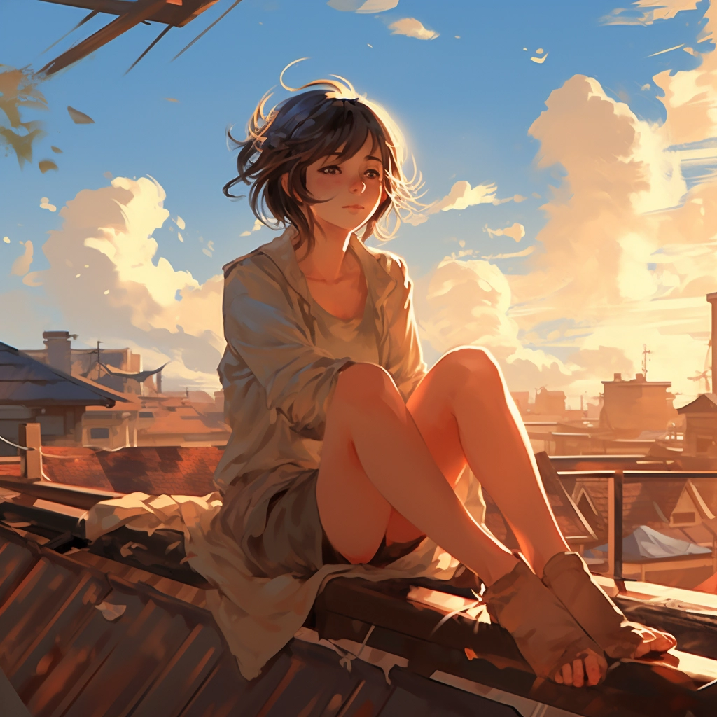 An anime girl sitting on the rooftop in the style of