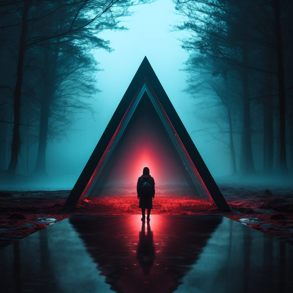 Blue triangle with a woman standing outside of it in