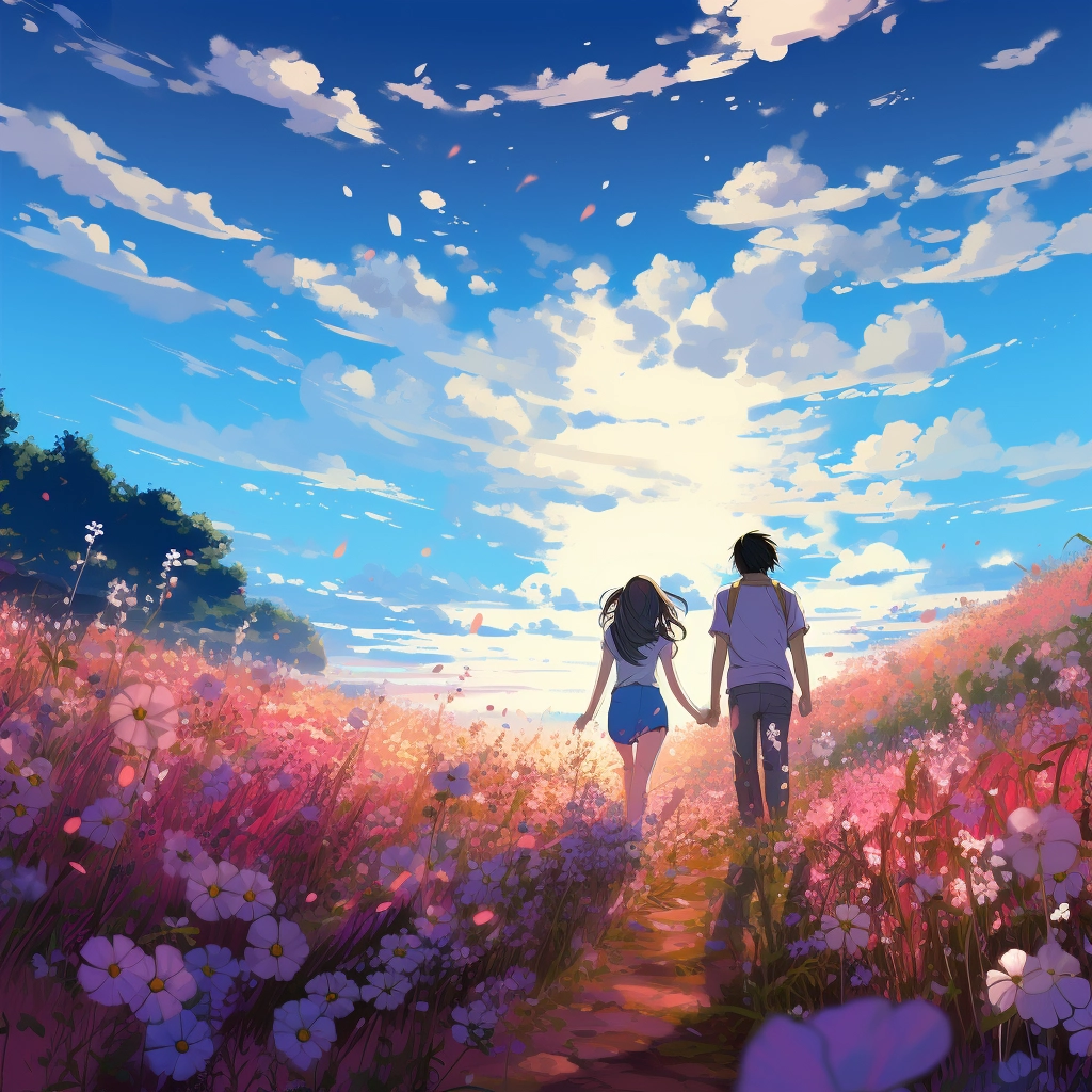 Manga couple walking along the path next to a bloomi