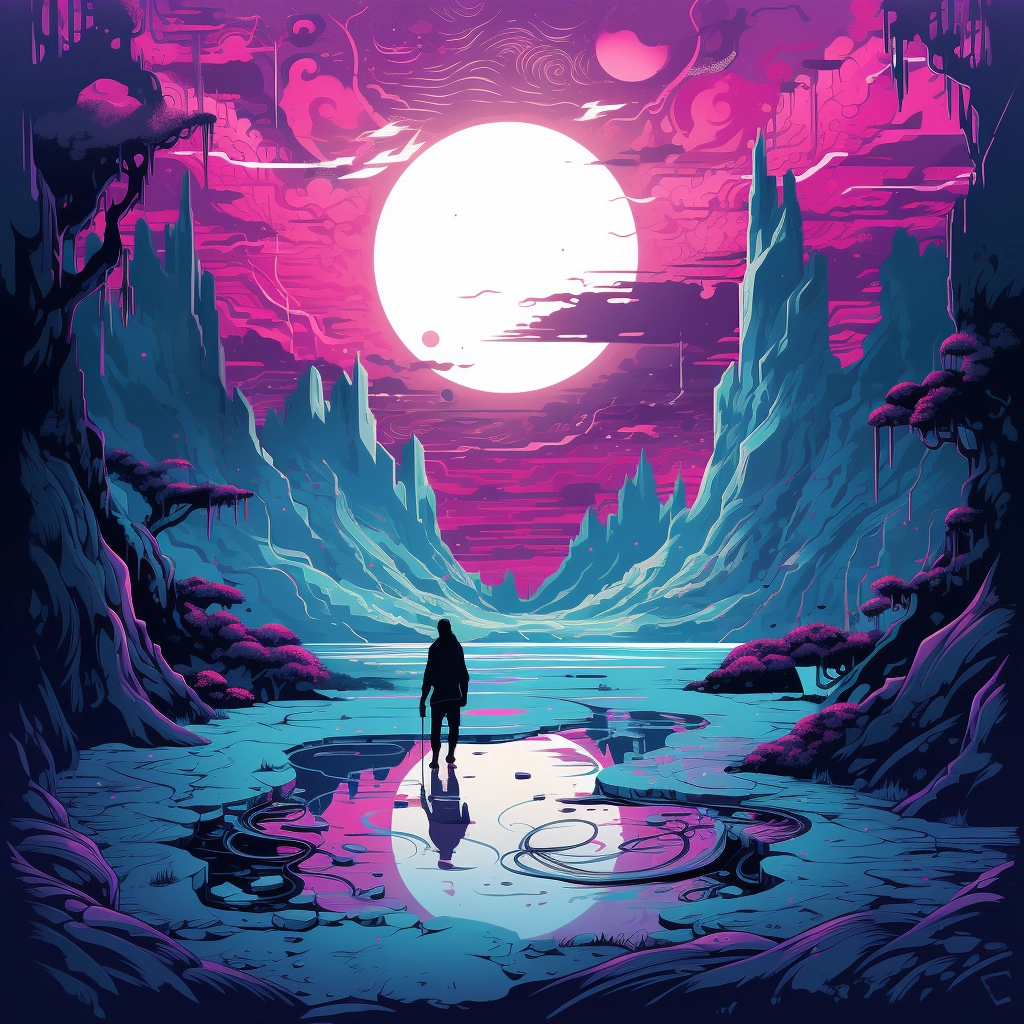 A fantasy painting depicting a scene with a moon and
