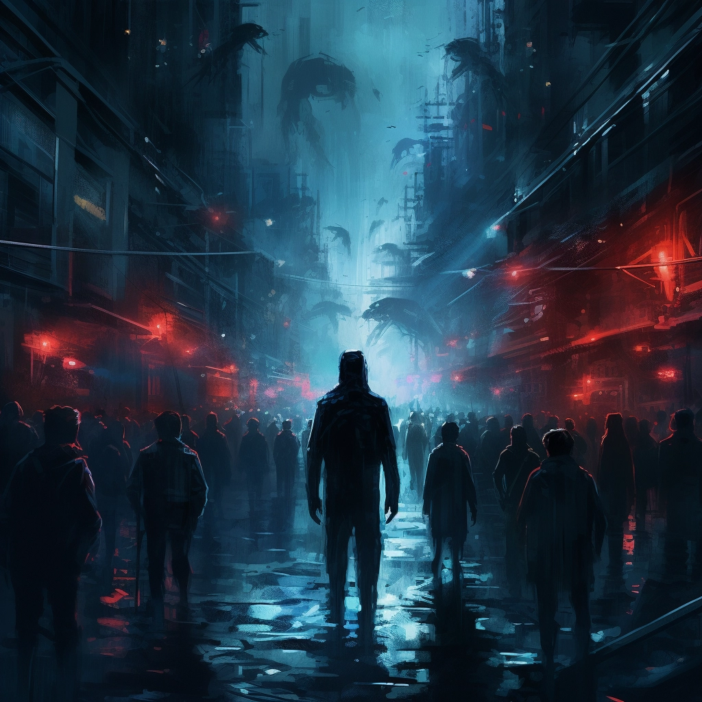Man walking among people in darkness holding blue li