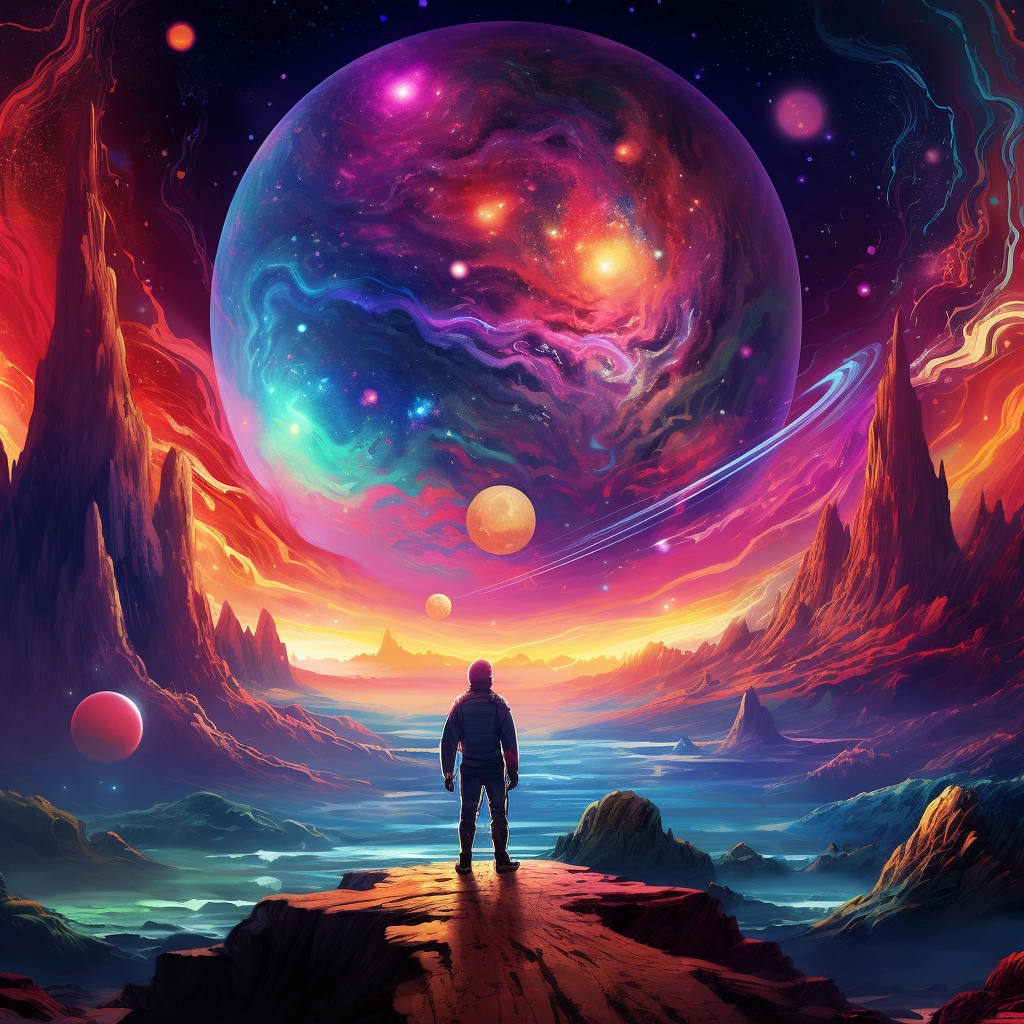 The spaceman looking out towards the planets with li