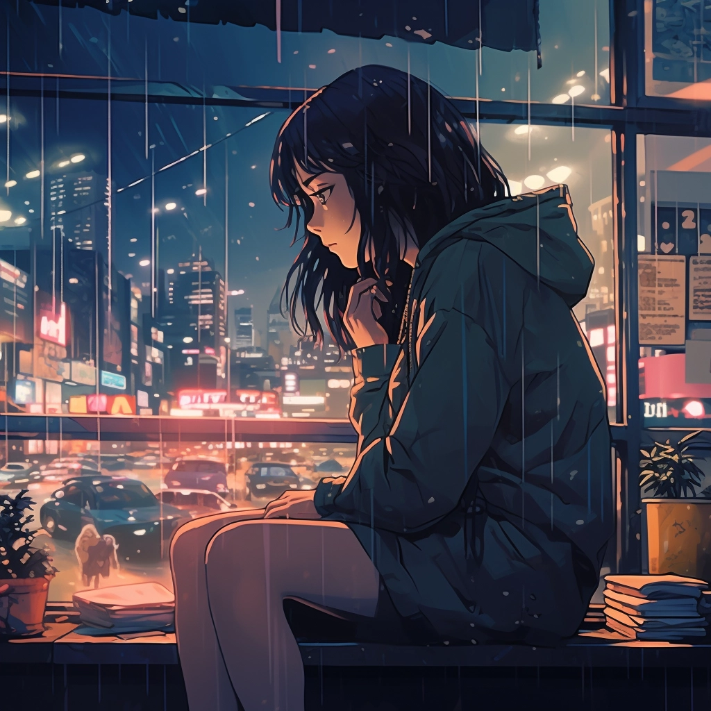 Sad moody lofi in the style of 1990s anime  