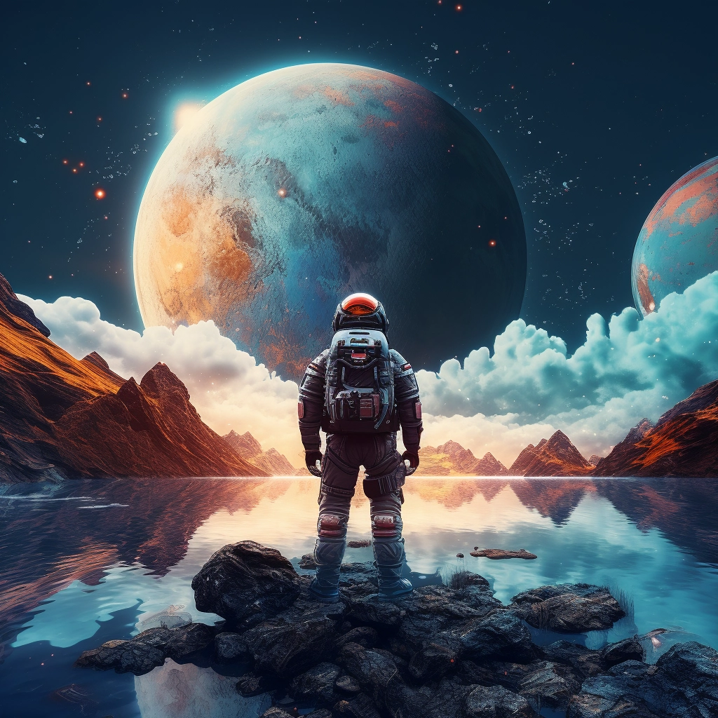 A spaceman looking out to the planets in the style o