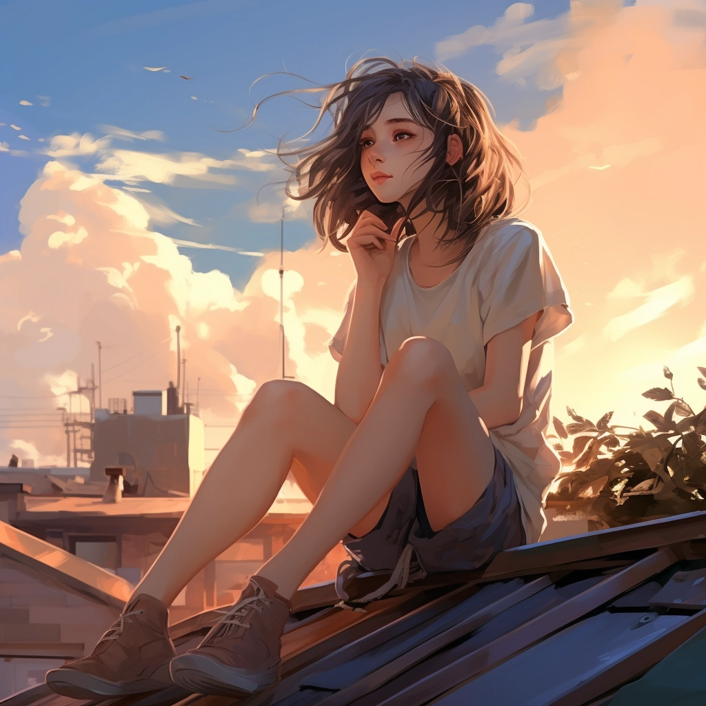 An anime girl sitting on the rooftop in the style of