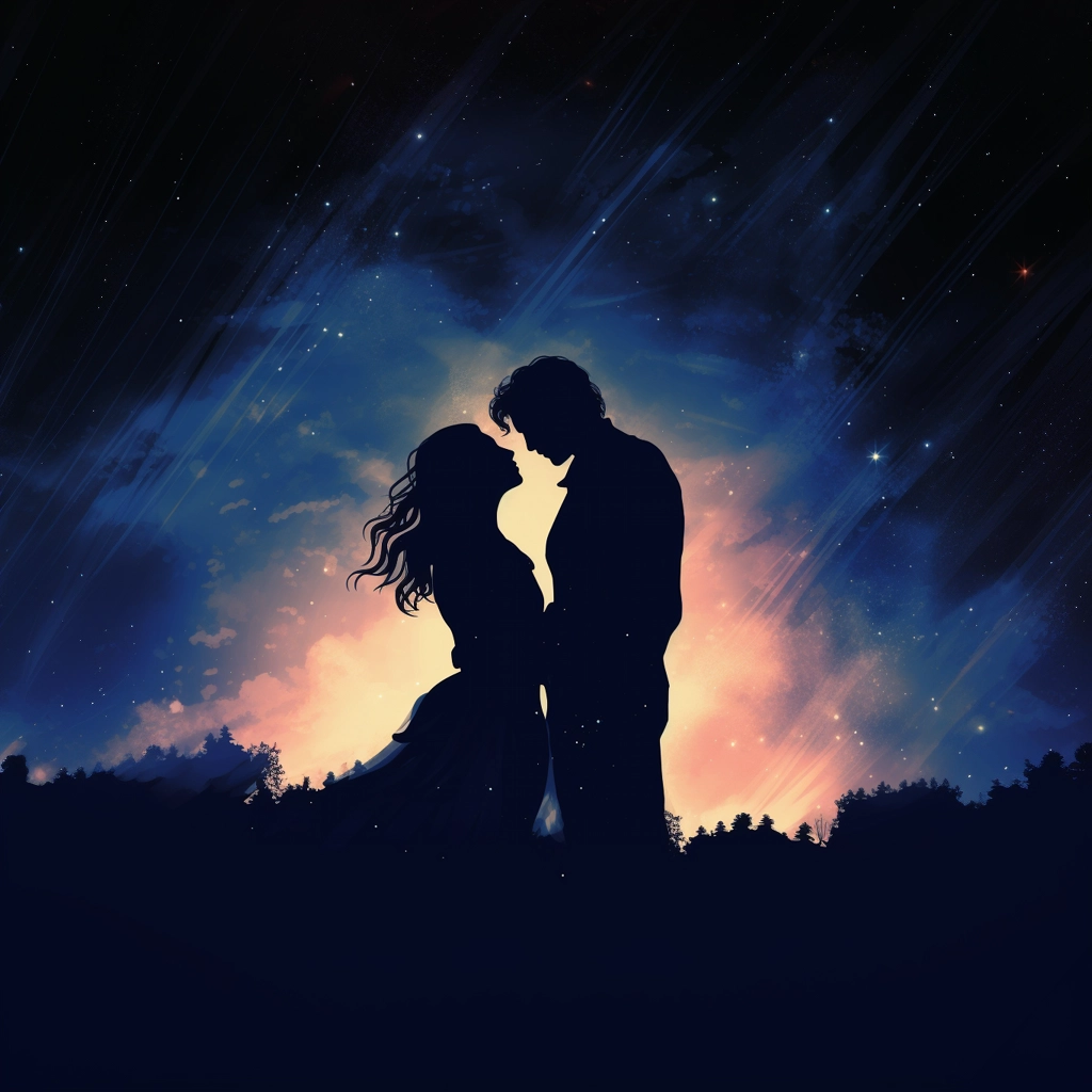 Shadow of a man and woman hugging a night sky styliz
