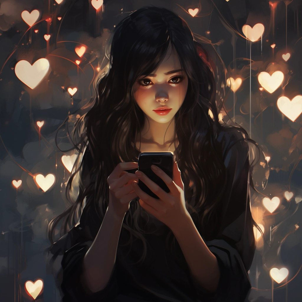 A girl holding a phone with hearts in it in the styl