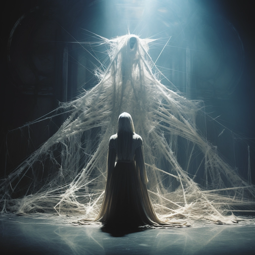 A fake statue of christ dressed in some spider webs