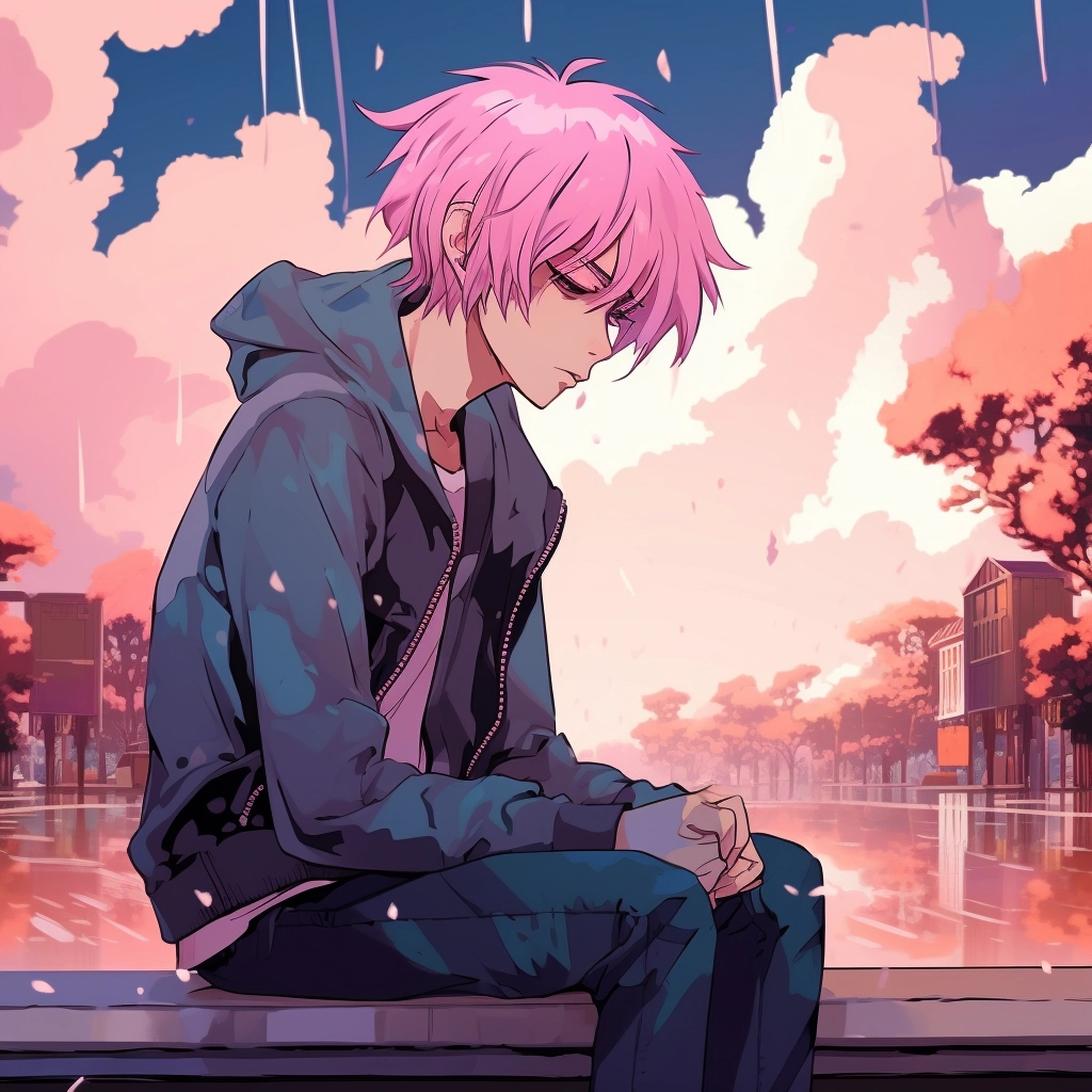 Lonely lofi anime boy with pink hair feeling sad 2D