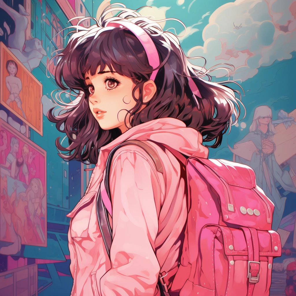 Anime girl in pink standing near her backpack in the