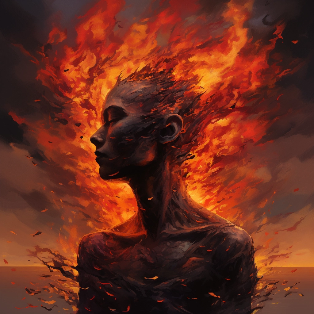 The person has a fire descending on their head in th