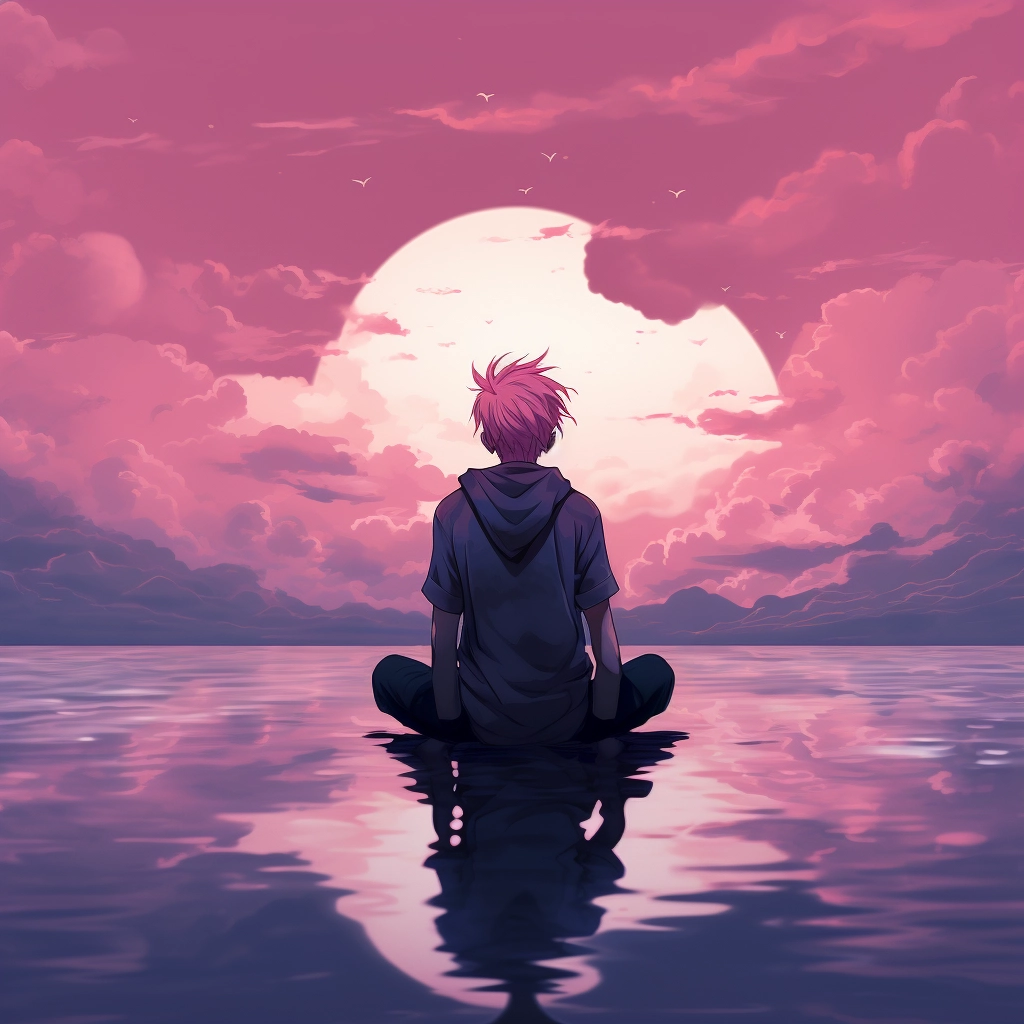 A boy with pink hair sitting in the water with the s