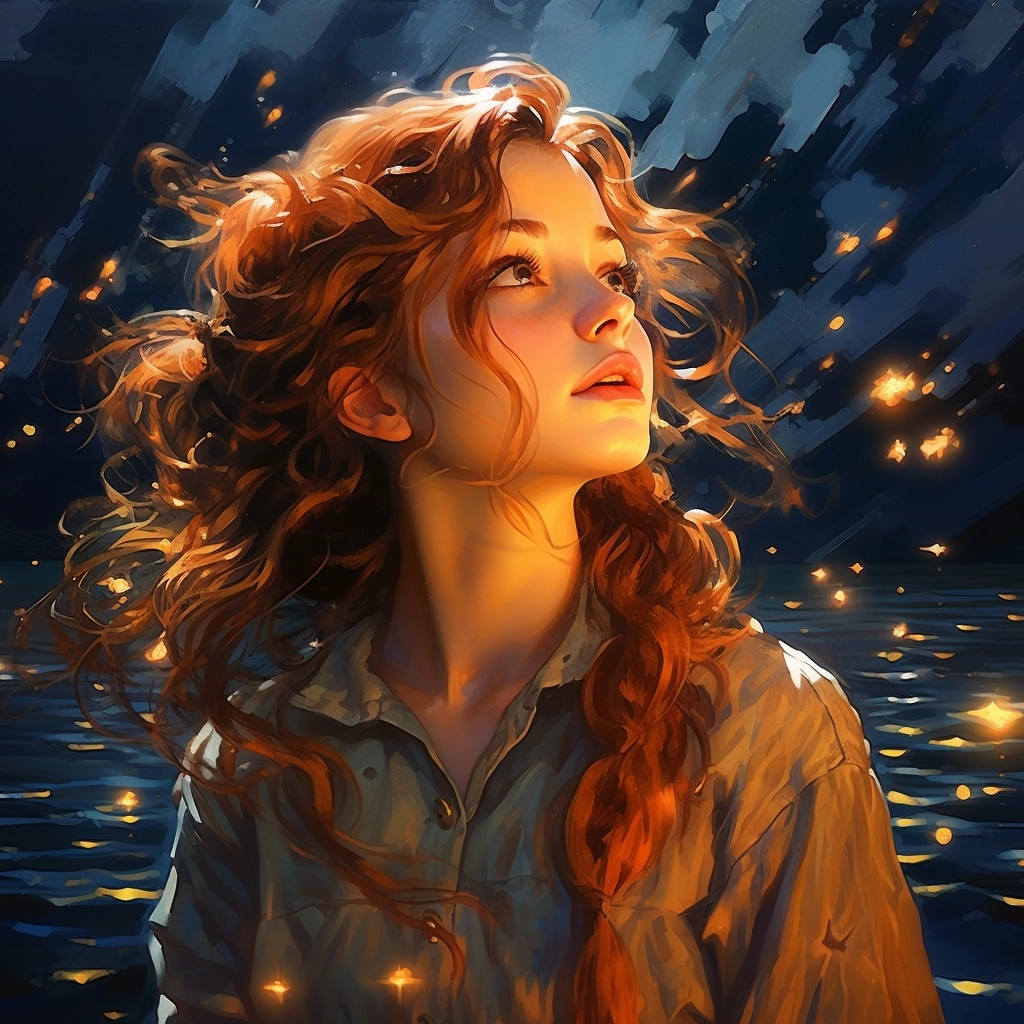 A girl looks out into the night sky in the style of