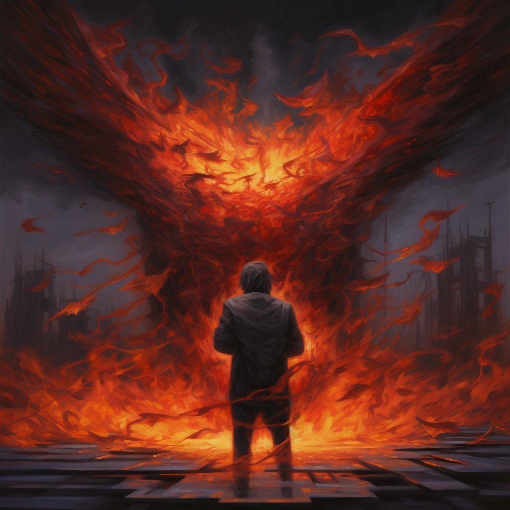 An image of a person with flames behind them in the