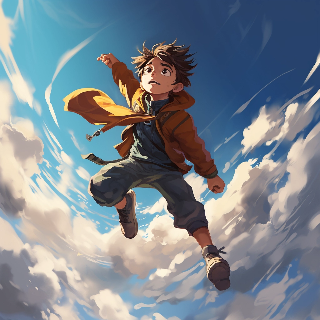 A figure soaring in a blue sky in the style of charm