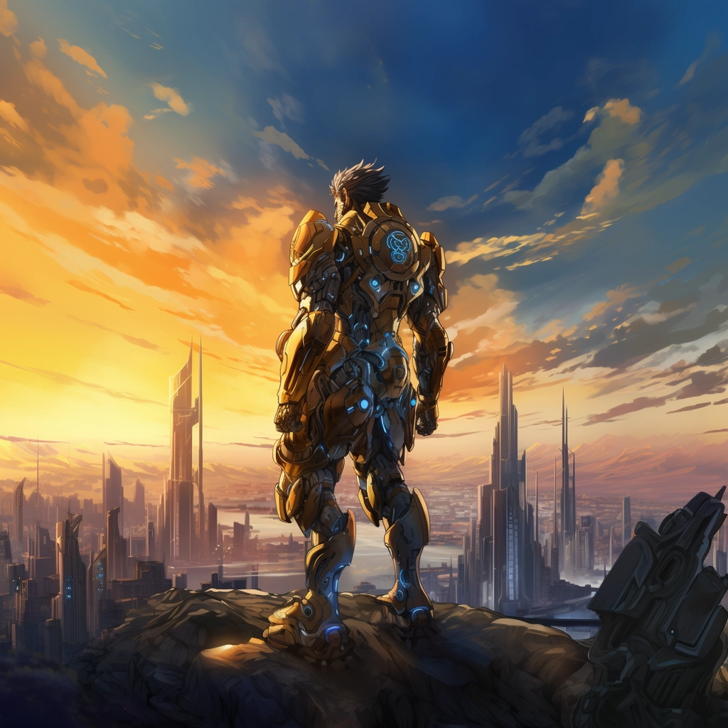 A futuristic man in armor looking at skyline with a