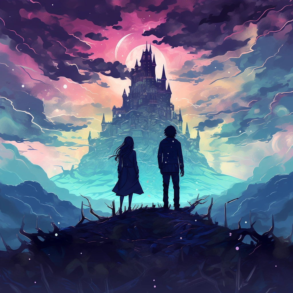 Anime wallpaper a woman and man in front of an old c