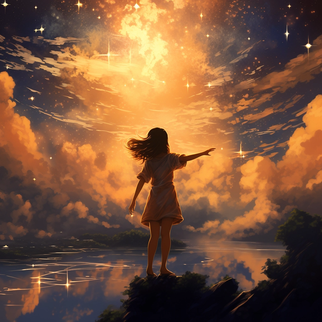A girl pointing out stars as they down on her from t