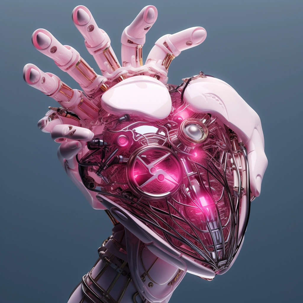 Synthetic heart being held in a robotic hand in the