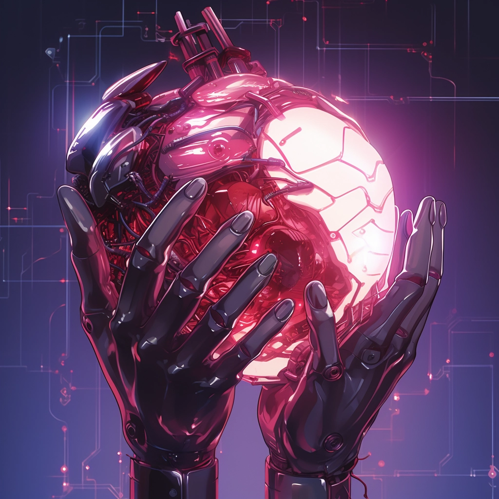 Synthetic heart being held in a robotic hand in the