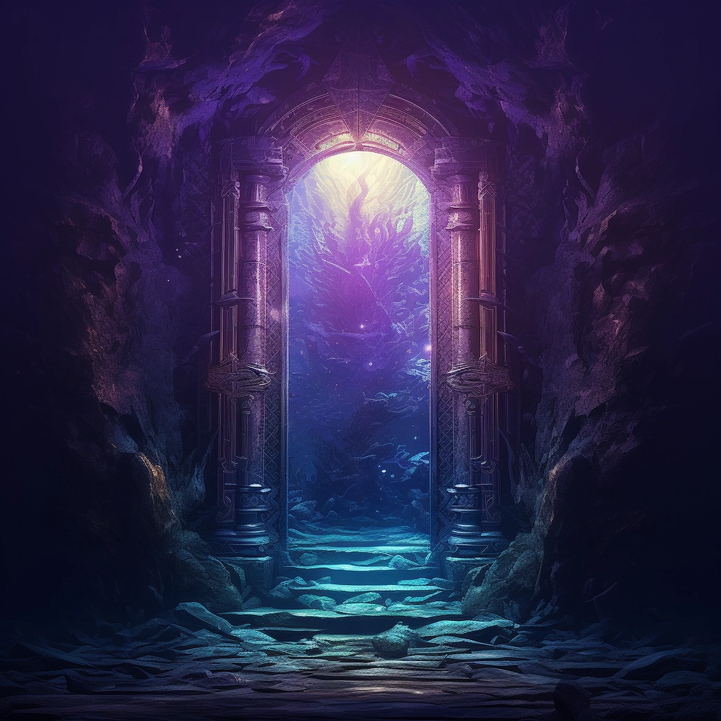 An underwater door with the light shining through it