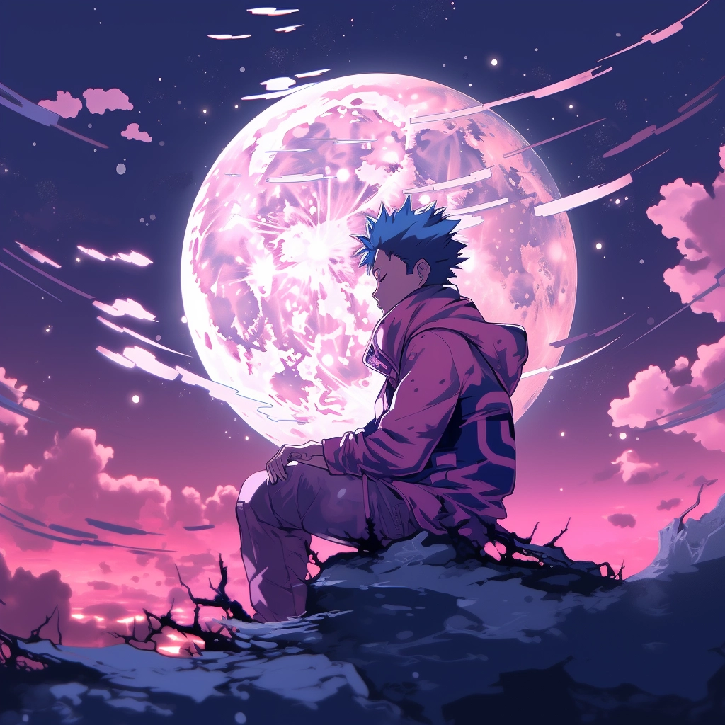 An anime character sitting under the moon in the sty