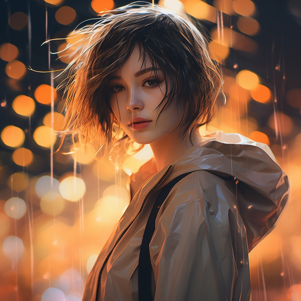 A girl with short hair standing in the rain in the s