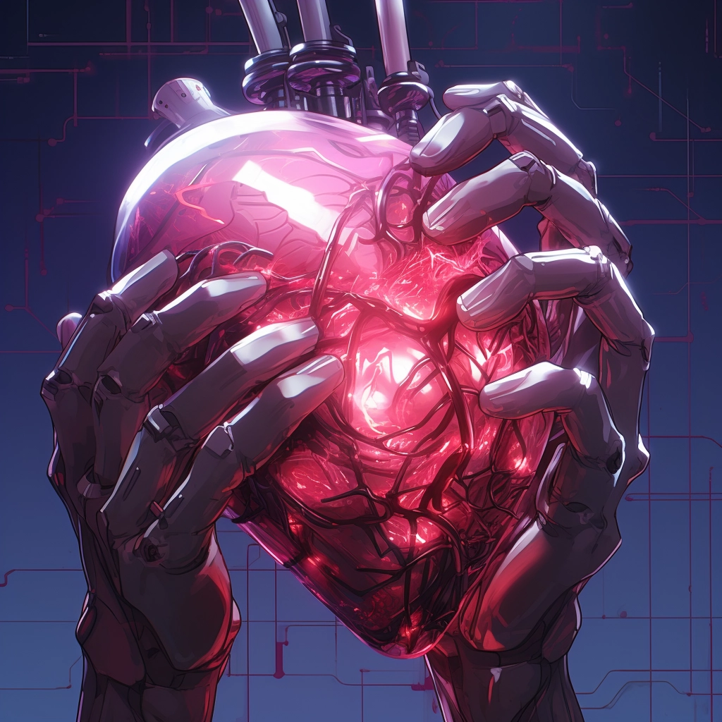 Synthetic heart being held in a robotic hand in the