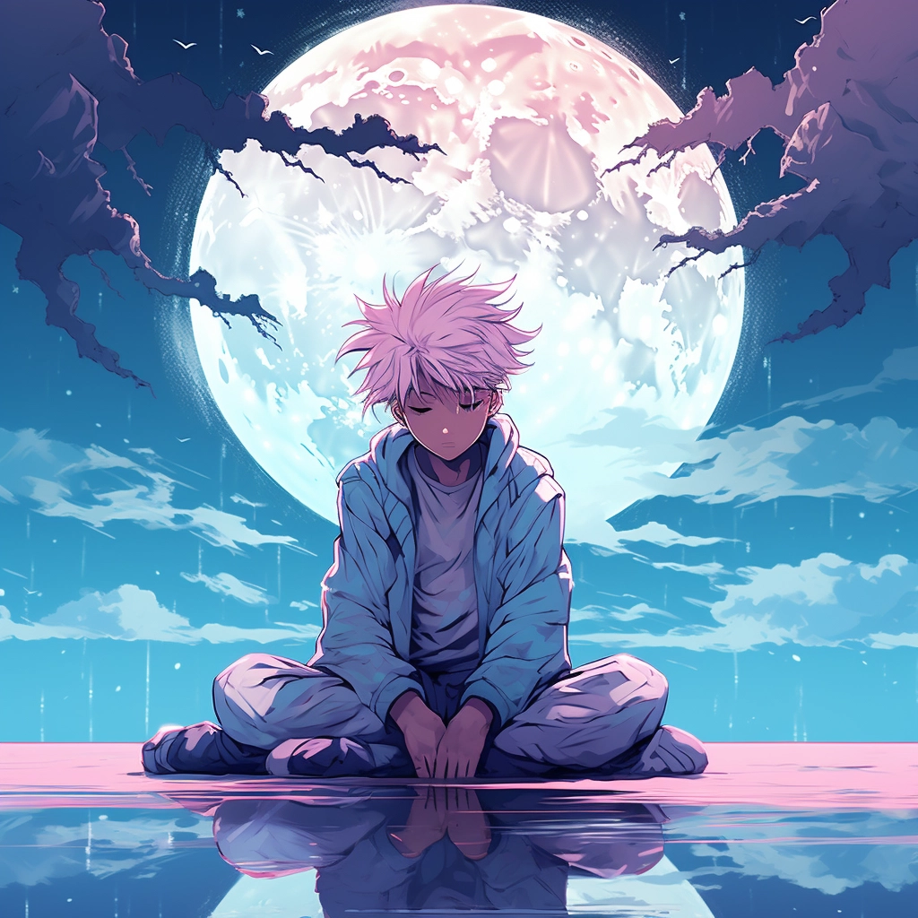 An anime character sitting under the moon in the sty