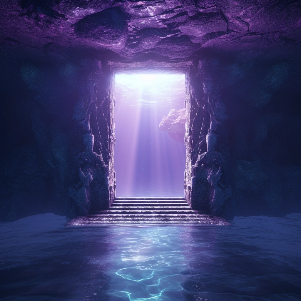 An underwater door with the light shining through it