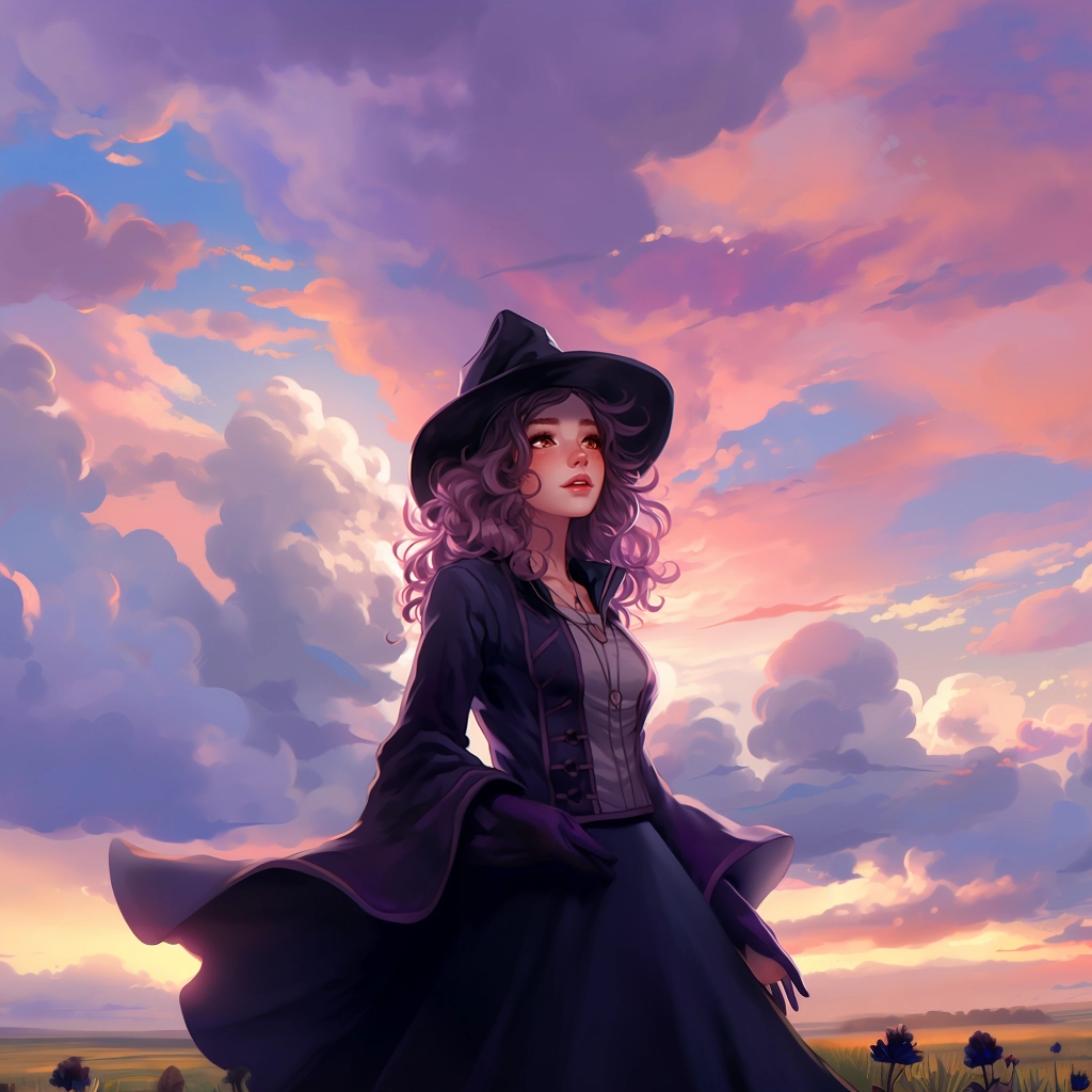 A girl wearing a black hat as sky fills with clouds