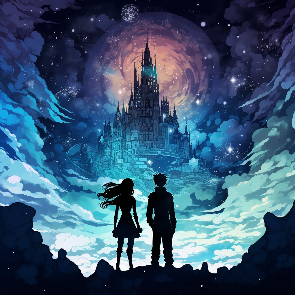 Anime wallpaper a woman and man in front of an old c
