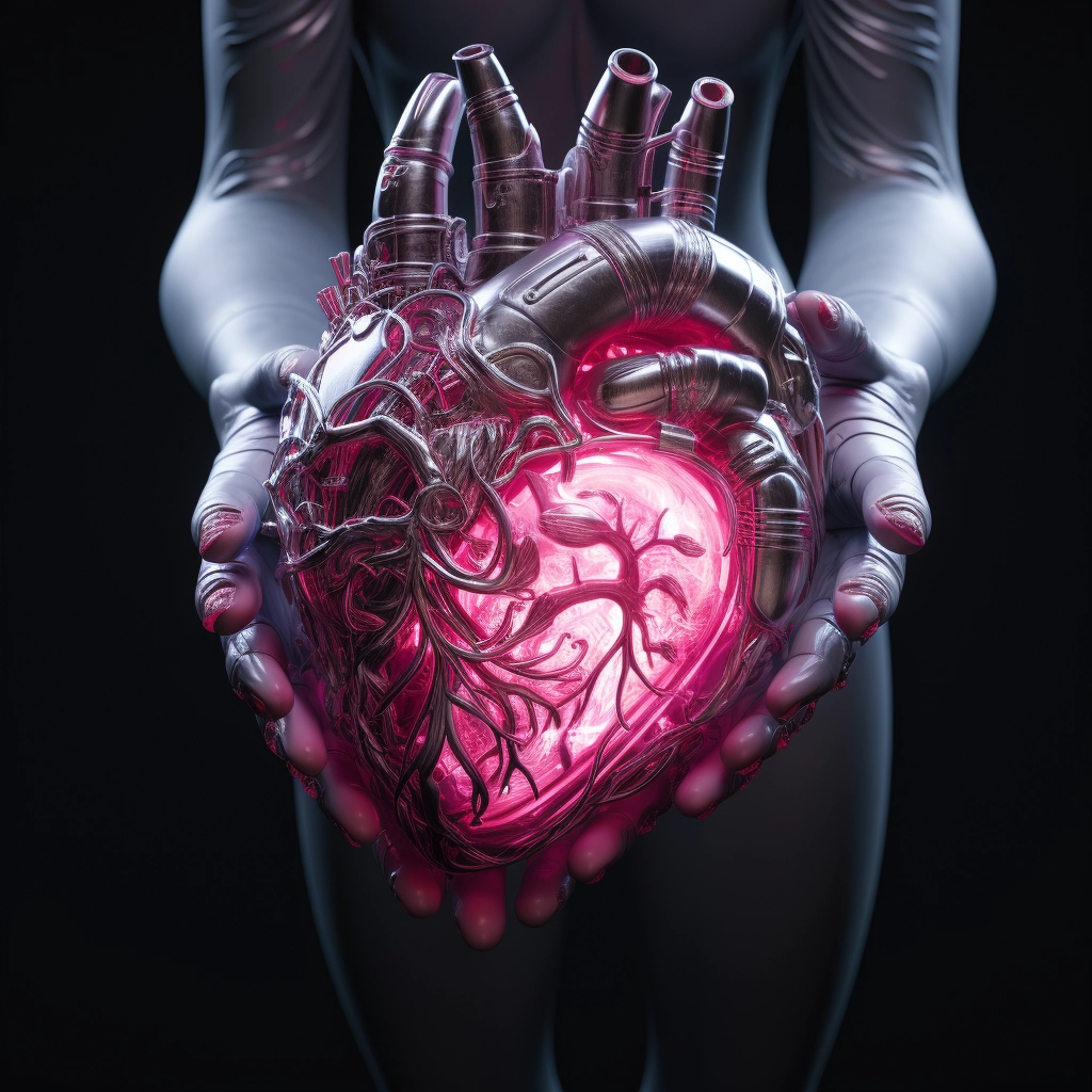 Synthetic heart being held in a robotic hand in the