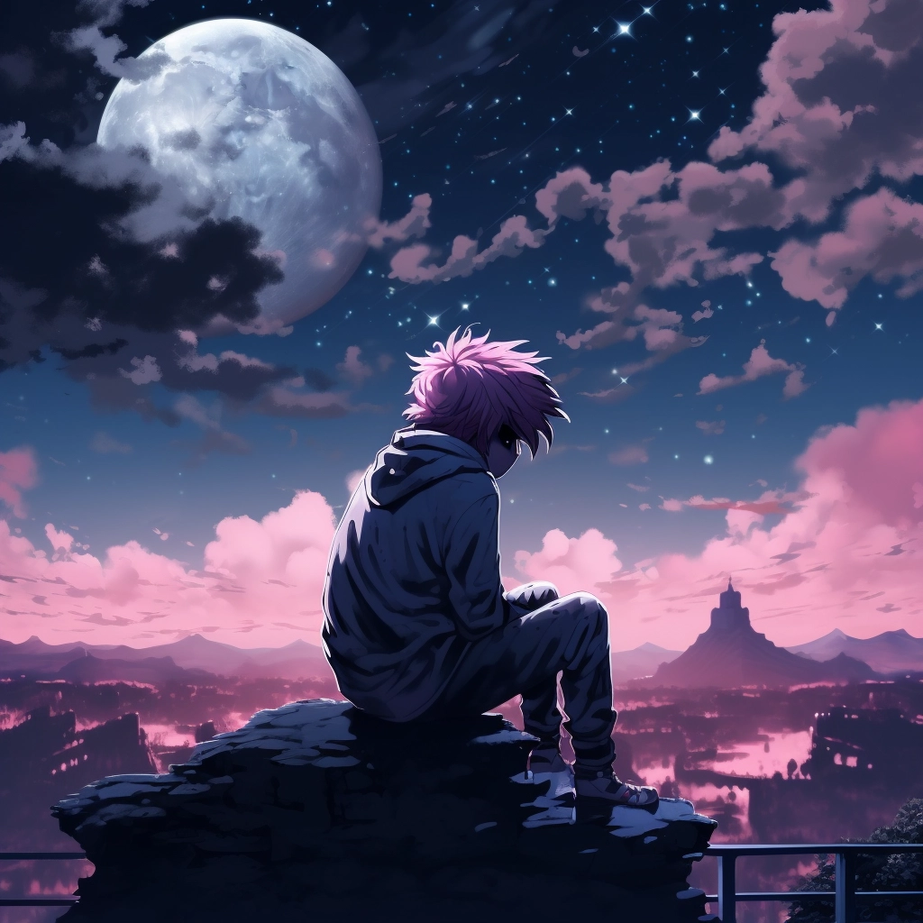 A boy sitting under the night sky with pink hair in
