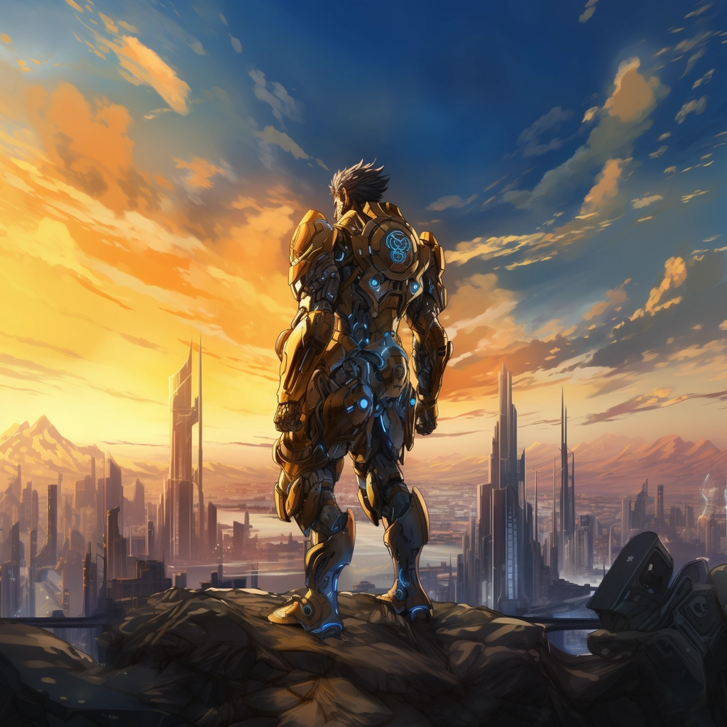A futuristic man in armor looking at skyline with a