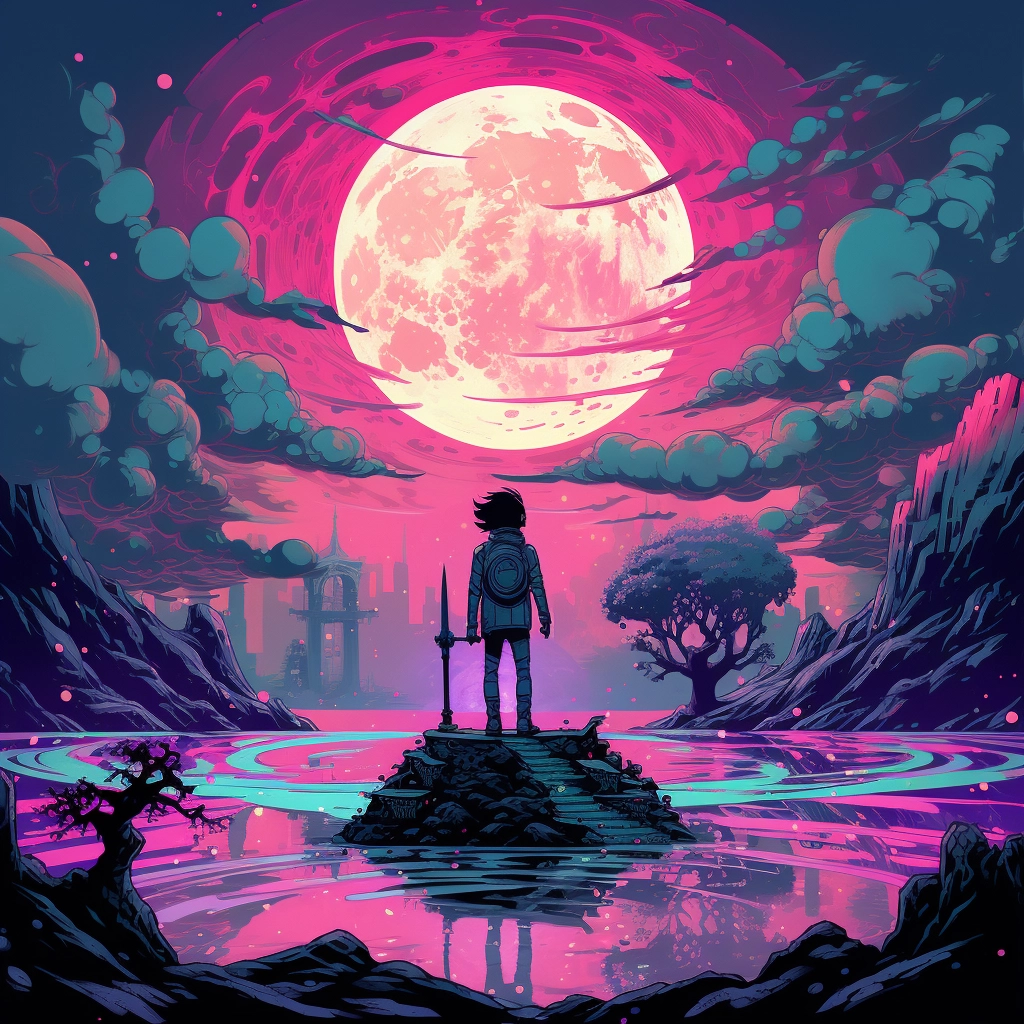 The sky is full of moon and a man is standing on a p