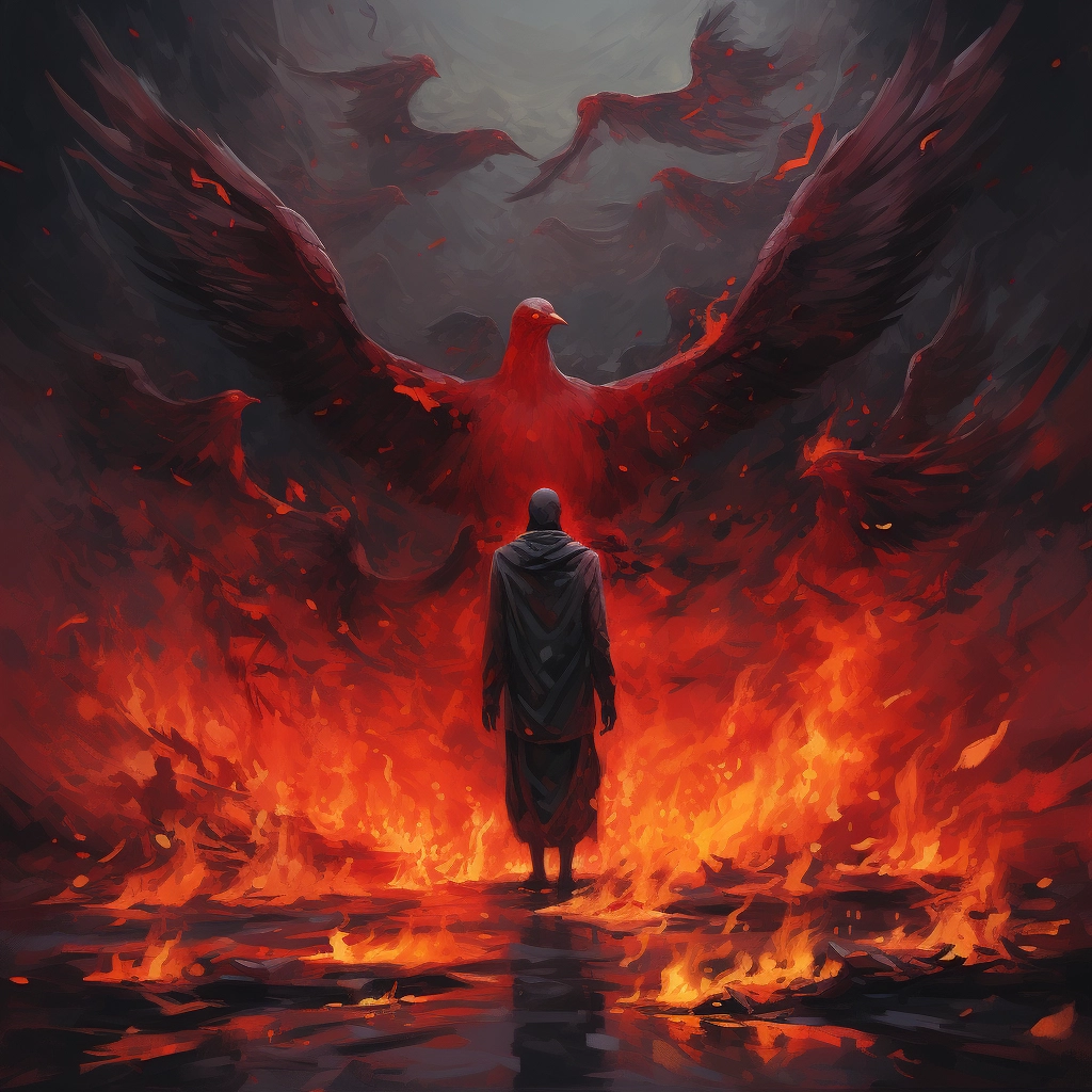 An image of a person with flames behind them in the