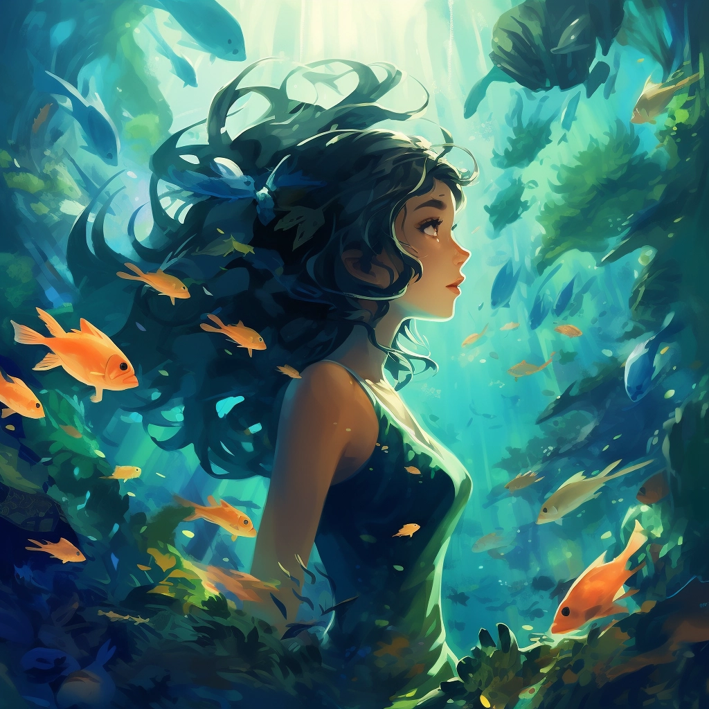 A beautiful illustration of an anime girl in a coral