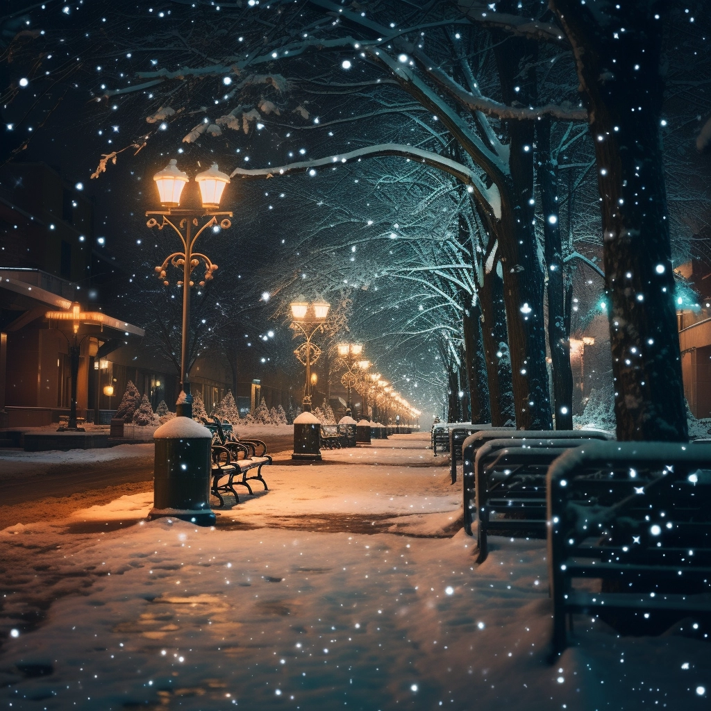 Sidewalk covered in white snow lights and trees with
