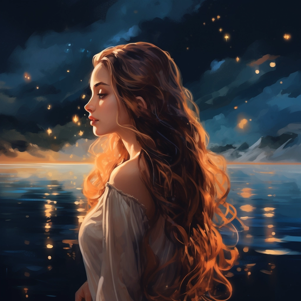 Anime girl with long hair standing near a lake with