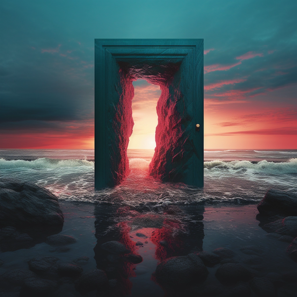 An old door opening onto the ocean in the style of s