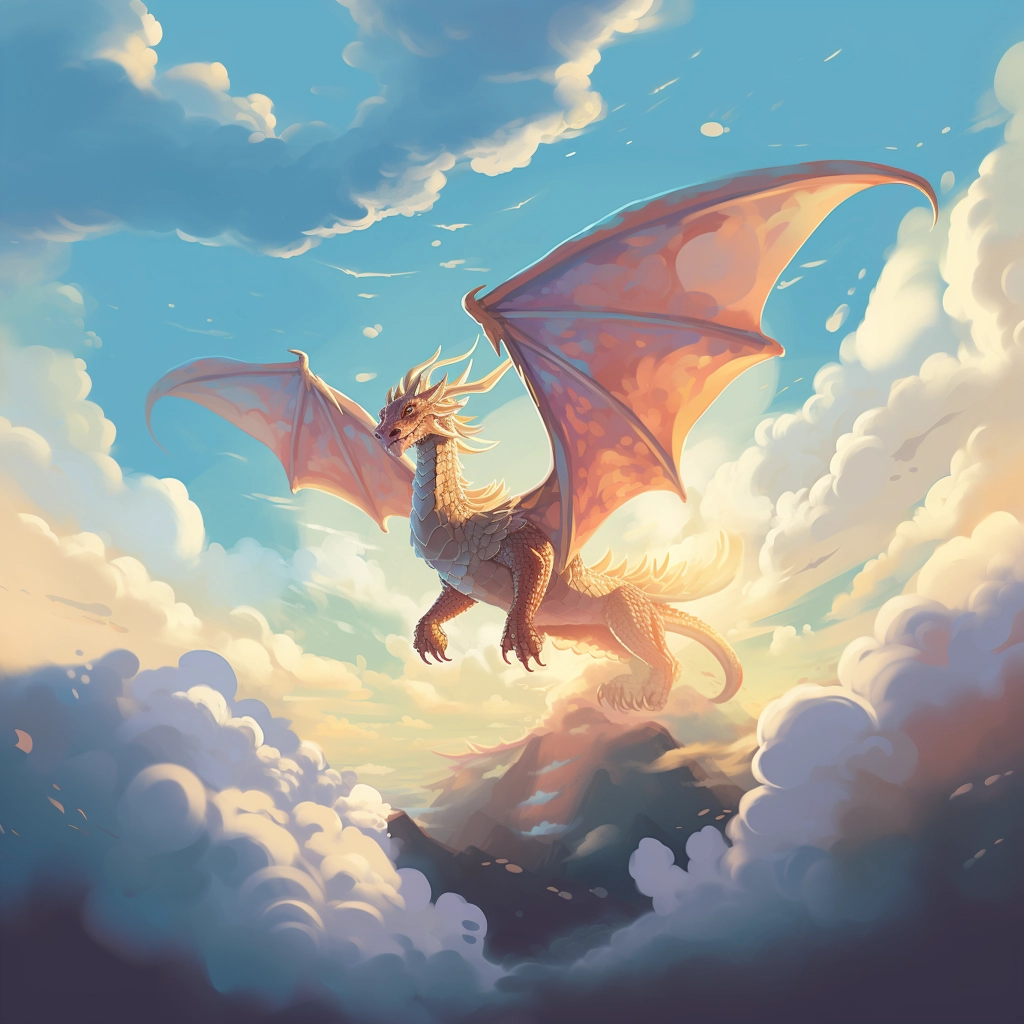 A beautiful illustration a dragon flying through the